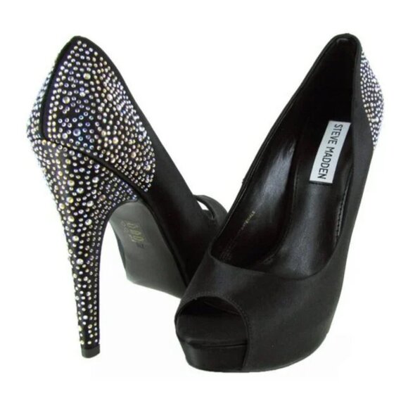 STEVE MADDEN Black Peeptoe Playy-R Rhinestone Beaded Stiletto Heels Size 6 - Picture 1 of 12